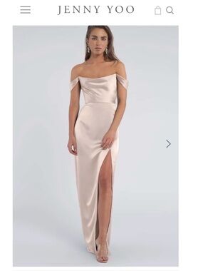 Jenny Yoo Off-Shoulder Satin Evening Dress in color Latte